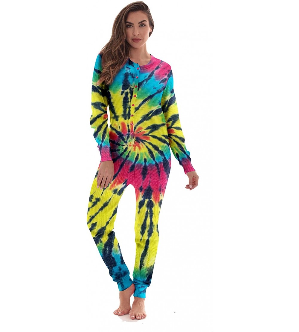 Thermal Underwear Womens Henley Thermal Onesie Buffalo Plaid and Tie Dye - Tie Dye Bright Swirl - CN19697Y8MA $20.87