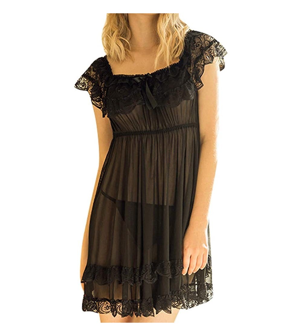 Nightgowns & Sleepshirts Plus Size Short Sleeve Lace Satin Vintage Nightdress Pajamas - Black - CL18UYQIG6Z $10.43