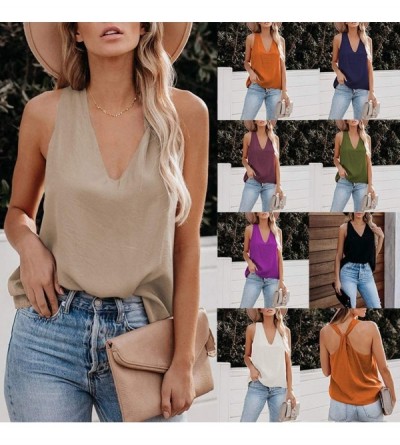 Thermal Underwear Women V Neck Solid Color Cross Back Tank Tops Casual Loose Sleeveless Vest Blouse - White - CZ1977YNHLT $13.45