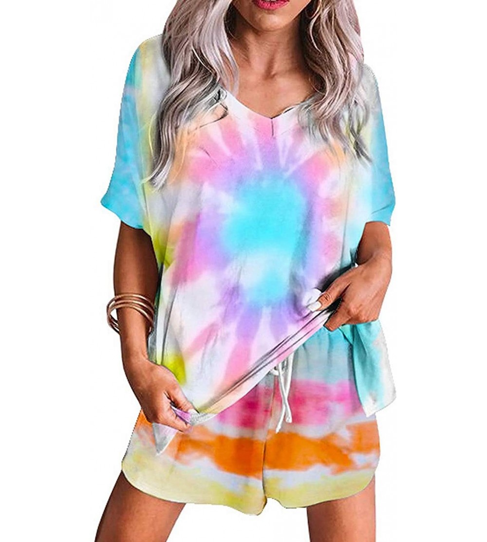 Sets Women Tie Dye Print Pajamas Set Cotton Hoodie Shirts with Shorts PJ Sets Nightwear Sleepwear - C Multicolor - CS1994D3TQ...