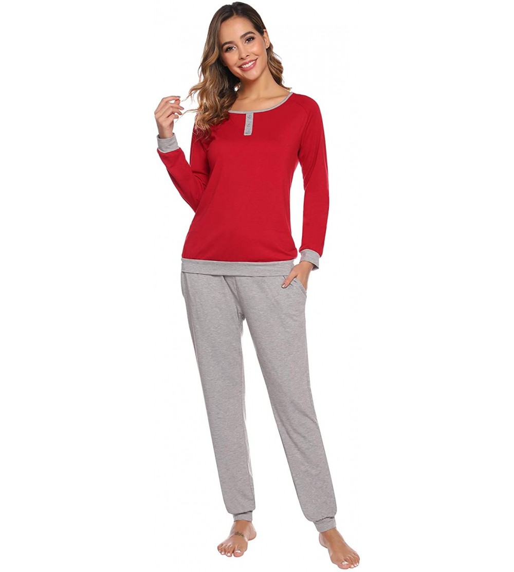 Sets Women's Cotton Long Sleeve Pajamas Set Soft Sleepwear Loungewear - Red - CV192EU7UQN $27.66