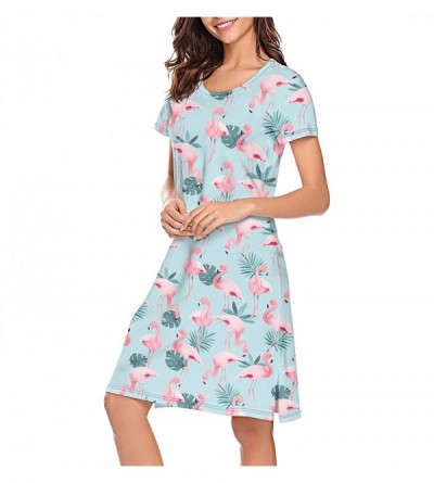 Nightgowns & Sleepshirts Casual Tshirt Nightdress Short Sleeve Lucky Flamingos Animal Blue Pattern Nightgown for Women Lucky ...