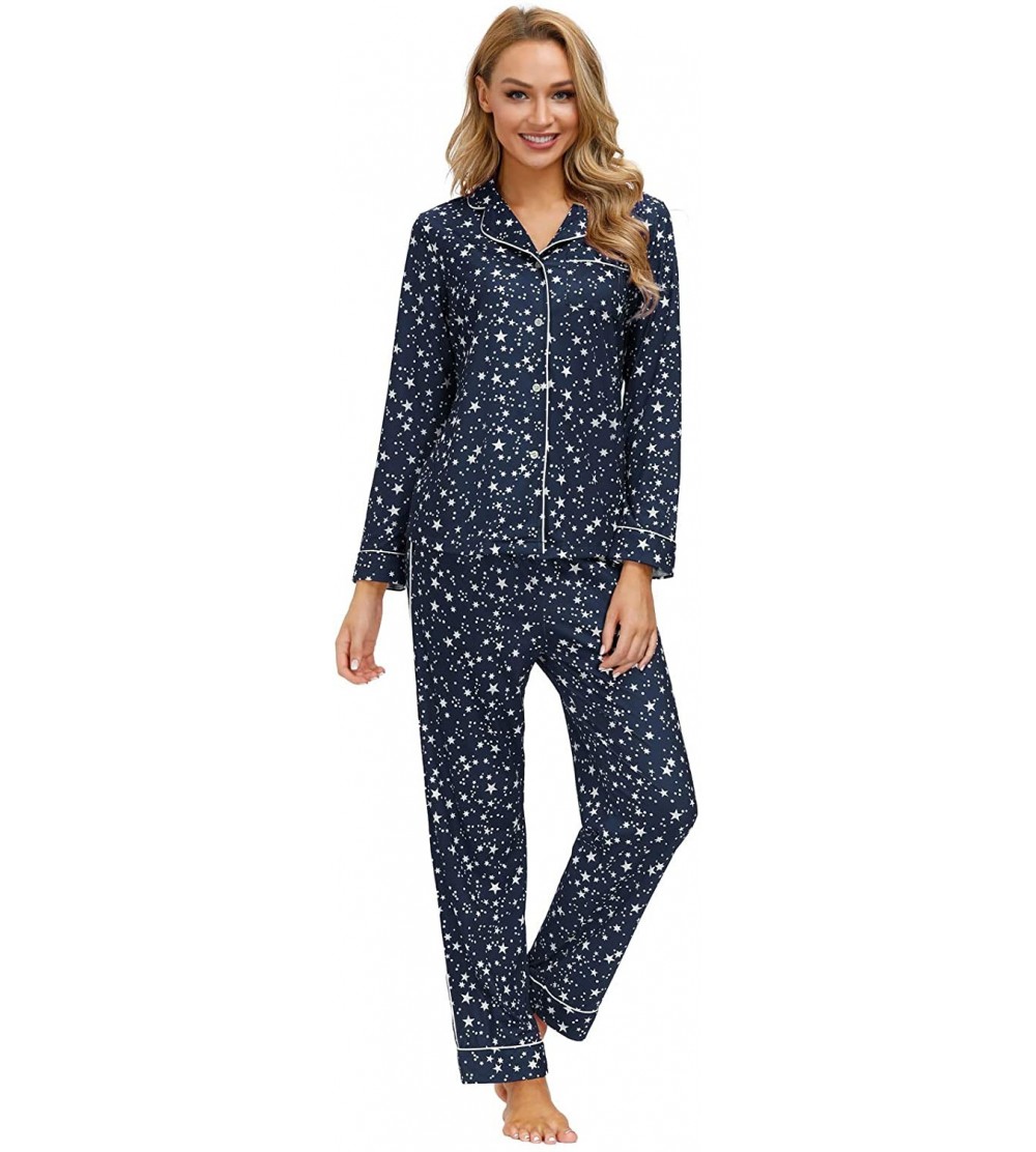 Sets Women's Pajama Set Button Down Long/Short Sleeve Sleepwear Lightweight Soft PJs - Navy Blue-star - CN19CYRLXKO $20.57