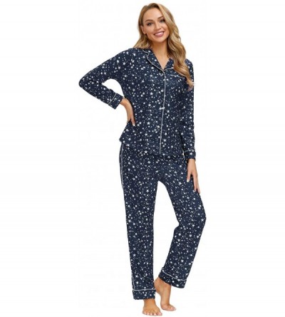 Sets Women's Pajama Set Button Down Long/Short Sleeve Sleepwear Lightweight Soft PJs - Navy Blue-star - CN19CYRLXKO $20.57