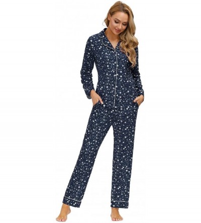 Sets Women's Pajama Set Button Down Long/Short Sleeve Sleepwear Lightweight Soft PJs - Navy Blue-star - CN19CYRLXKO $20.57