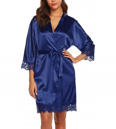 Robes Women's Satin Silk Bathrobe Oblique V-Neck Short Kimono Robe Bridesmaids Robe S-XXXL - Navy Blue - CU18LNRYDCN $22.15