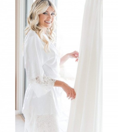 Robes Women's Lace Satin Silky Robe Bachelorette Kimono for Bride Bridesmaids Women - White - CX18LZ2T9KM $23.56