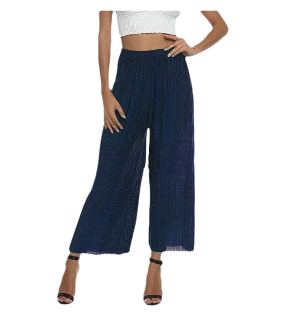 Bottoms Womens Middle Waist Comfy Chic Casual Solid Palazzo Lounge Pant - Navy Blue - CF19C9H6KG0 $26.92