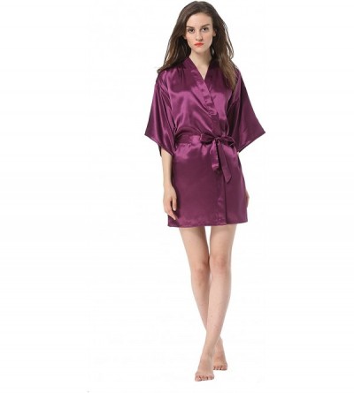 Robes Women's Solid Color Satin Short Kimono Robe - Dark Purple - C618SOY5GHM $17.68