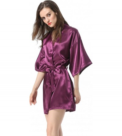 Robes Women's Solid Color Satin Short Kimono Robe - Dark Purple - C618SOY5GHM $17.68