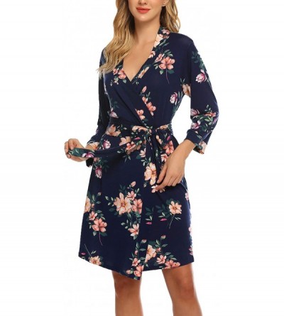 Robes Women Kimono Robes Cotton Lightweight Robe Short Knit Bathrobe Soft Sleepwear Ladies Loungewear - Navy Floral - CF19CZ0...