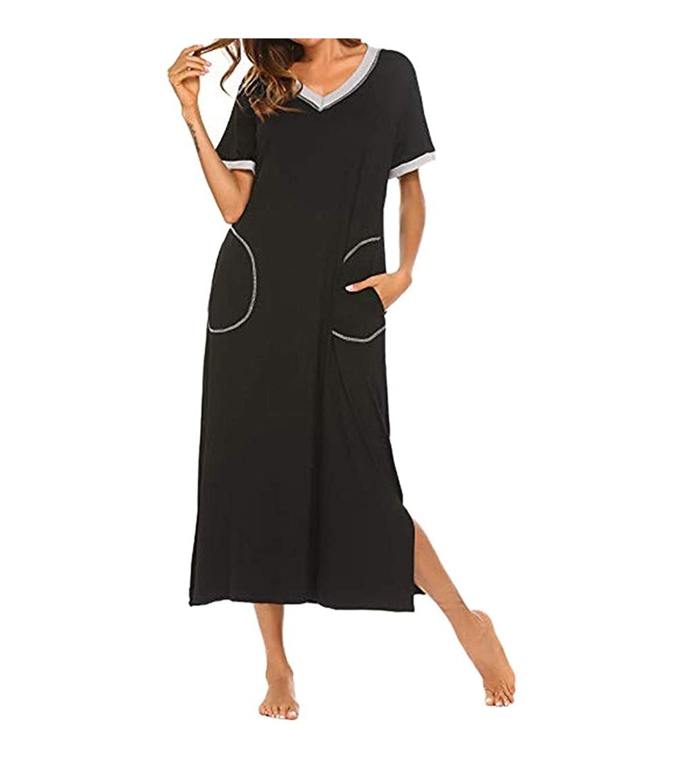 Nightgowns & Sleepshirts Long Sleepwear Women's Casual V Neck Nightgown Short Sleeve Striped Sleep Shirt with Pocket - Black ...