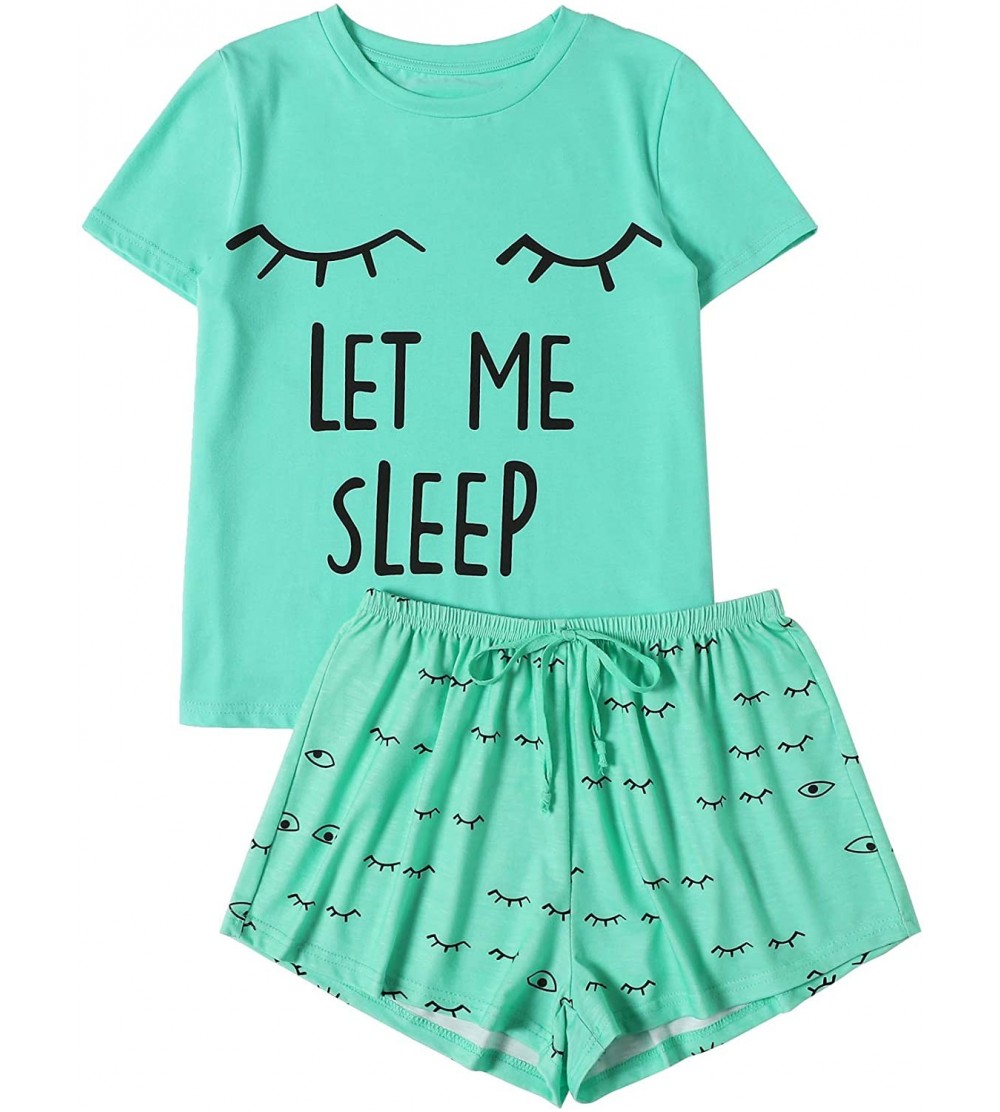 Sets Women's Sleepwear Closed Eyes Print Tee and Shorts Pajama Set - Green - CR18MH3SASI $18.88