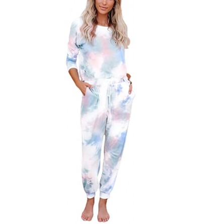 Sets Women 2 Piece Tie Dye Sweatsuit Set Long Sleeve Tops Drawstring Pants Pajamas Set Nightwear Loungewear - Green - CS199DA...