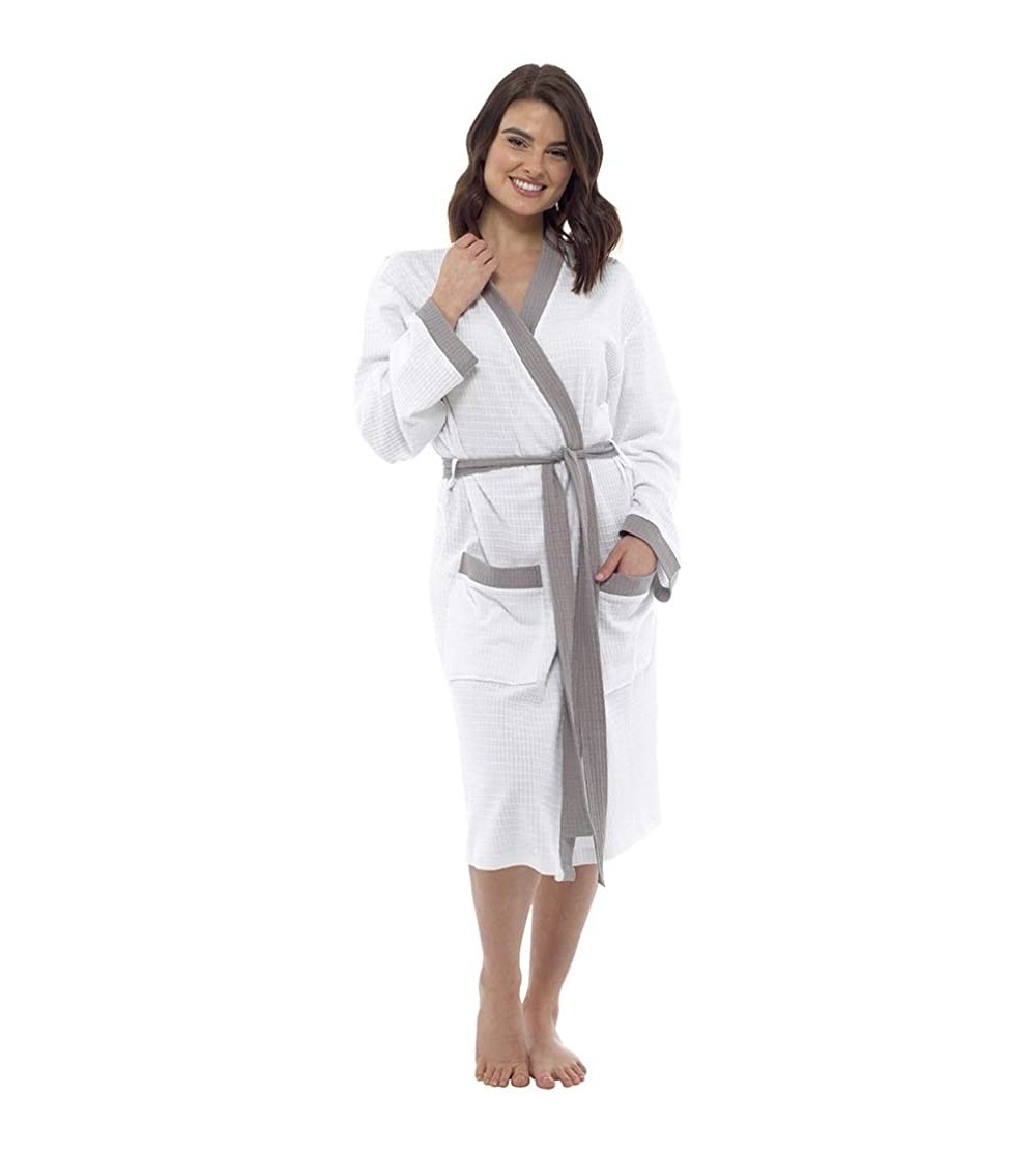 Robes Womens 100% Cotton Waffle Bathrobe Contrast Trim White/Grey Large - CX18R726R7K $20.25