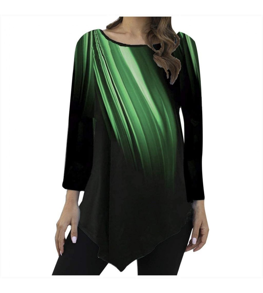 Tops Womens Graphic Print Loose Blouse Casual Long Sleeve Round Neck Tunic Shirts Asymmetrical Hem Pullover - Green - C5193YI...