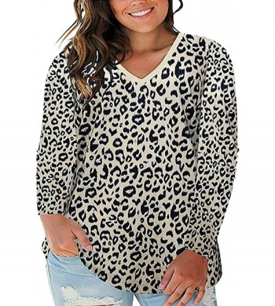 Thermal Underwear Plus Size Leopard Print V Neck Tunic Shirts for Women Long Sleeve Flowy Casual Tshirt Top - Khaki - CN193XI...