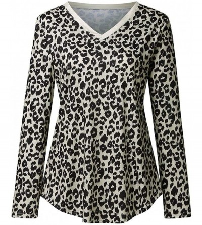 Thermal Underwear Plus Size Leopard Print V Neck Tunic Shirts for Women Long Sleeve Flowy Casual Tshirt Top - Khaki - CN193XI...