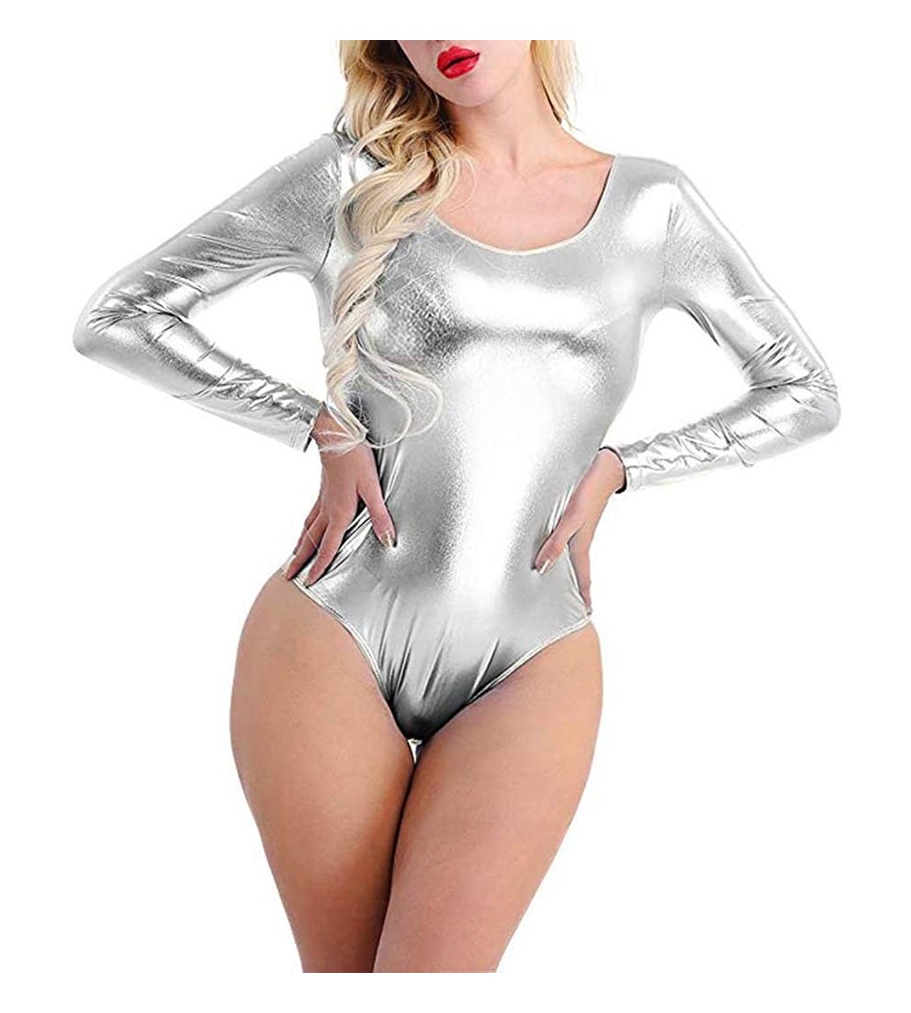 Sets V Neck Satin Lingerie Bodysuit for Women Sexy Chemise Lace Underwear Jumpsuit Babydoll Teddy Siamese Pajama Silver - C61...