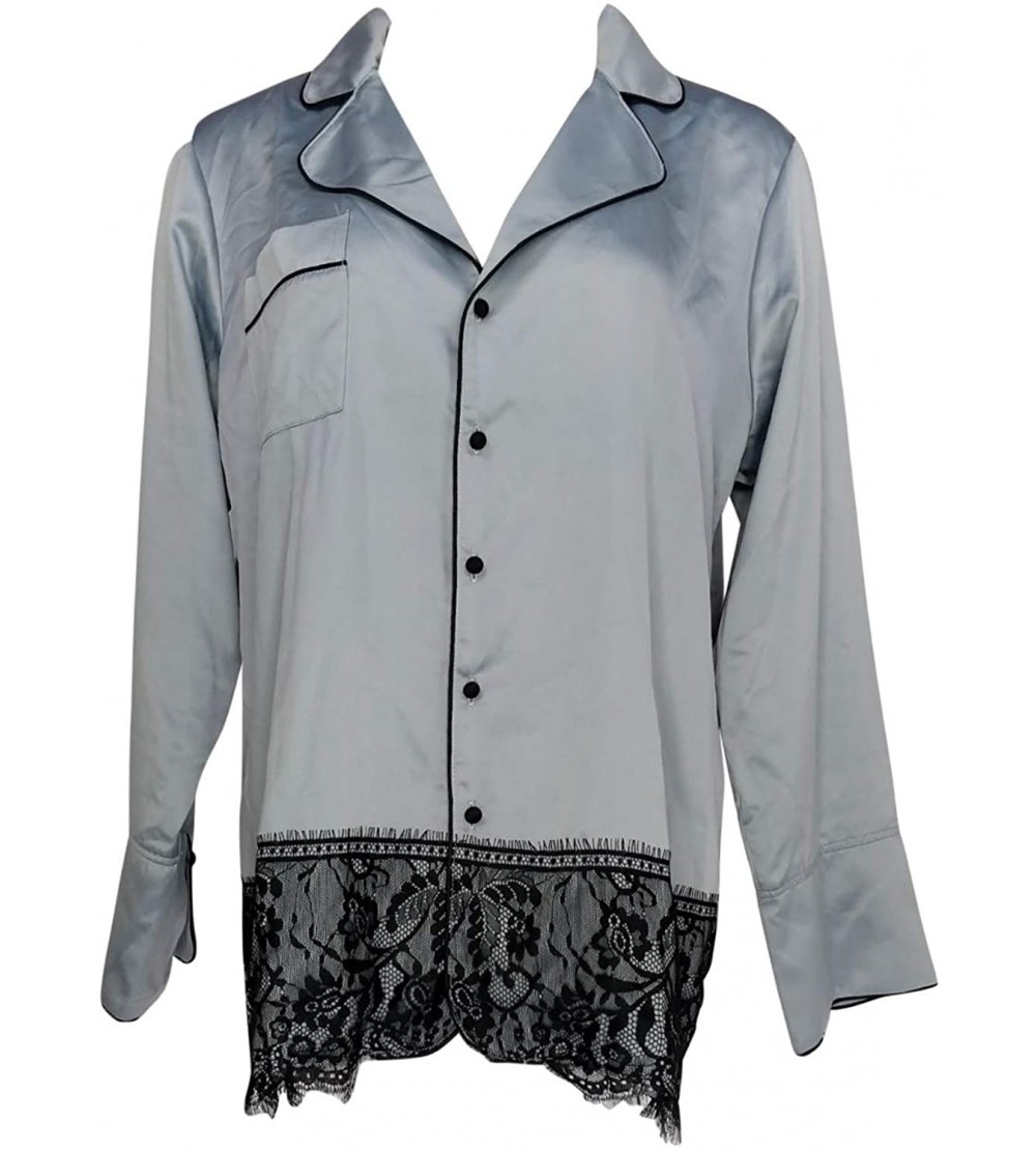 Tops Women's Size Sleepshirt M Satin Lace Button Down Blue H217158 - CF18ZCDG0RR $15.62