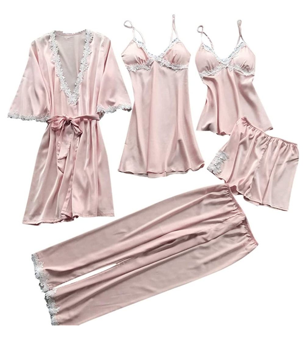 Sets 5Pcs Sexy Pajamas for Women Silky Sets Silk Satins Lace Sleepwear Black Strap Dress Robe Shorts & Pants Home Wear Pink -...