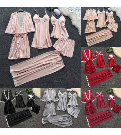 Sets 5Pcs Sexy Pajamas for Women Silky Sets Silk Satins Lace Sleepwear Black Strap Dress Robe Shorts & Pants Home Wear Pink -...