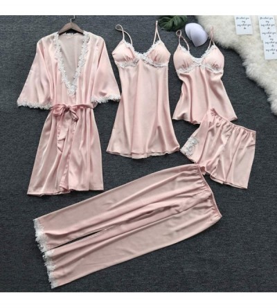 Sets 5Pcs Sexy Pajamas for Women Silky Sets Silk Satins Lace Sleepwear Black Strap Dress Robe Shorts & Pants Home Wear Pink -...