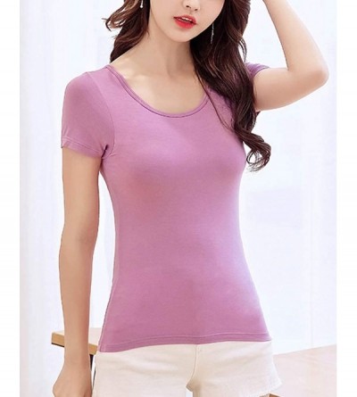 Tops Women's Short Sleeve Summer T-Shirt with Built-in Shelf Bra Yoga Tops - Purple - C9195LSRWQO $21.51