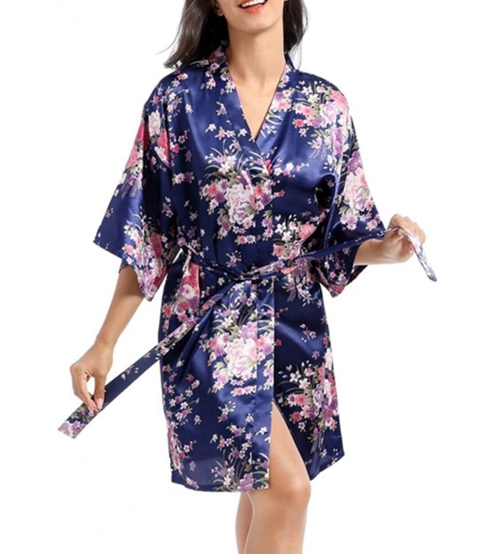 Robes Women's Printing Floral Short Robes Satin Kimono Robes Bridesmaid and Bride Robe for Wedding Party-Drak Blue-M - Drak B...