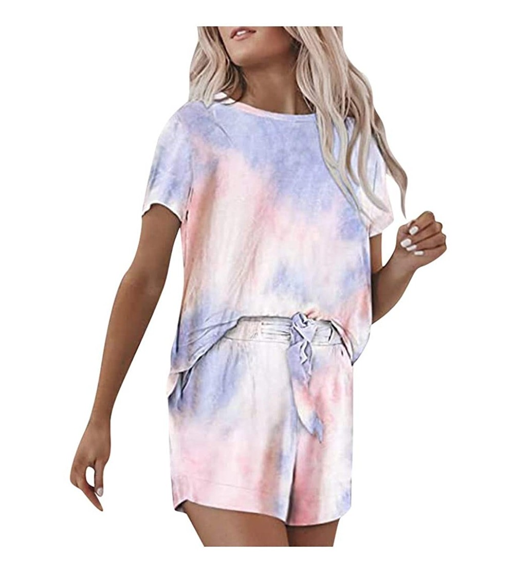 Sets Pajamas Set for Women-Womens Tie Dye Printed Tee and Shorts Pajamas Set Short Sleeve Sleepwear Pjs Sets Loungewear - Z3-...