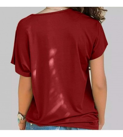 Thermal Underwear Cross Shoulder T-Shirt- Ladies Casual Irregular Short Sleeve Blouse top - L-wine - CJ1944R6048 $15.83