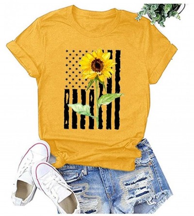 Tops Women's Sun Flower Printing Tops Summer Round Neck Short Sleeve T-Shirt Casual Loose Basic Blouse - Yellow - CL1979SQSTA...