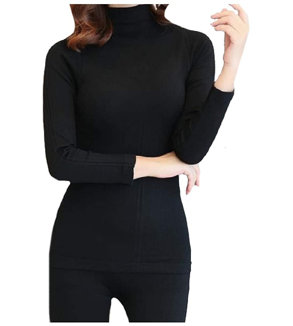 Thermal Underwear Elegant Stay Wicking Base Seamless Warm Layer Top & Bottom Set - Black - CV18AKKNXSD $19.60