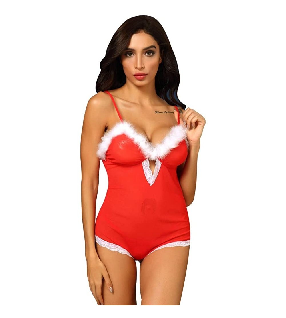 Baby Dolls & Chemises Women's Red Sexy Santa Christmas Lingerie V-Neck Xmas Lace Babydoll Temptation Sleepwear Gifts for Coup...