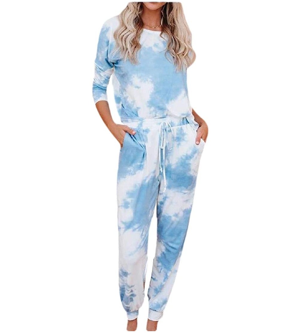 Sets Women Tie Dye Pajamas Set Long Sleeves Two Pieces Pullover Tops and Pants PJ Sets Joggers Sleepwear Loungewear - Light B...