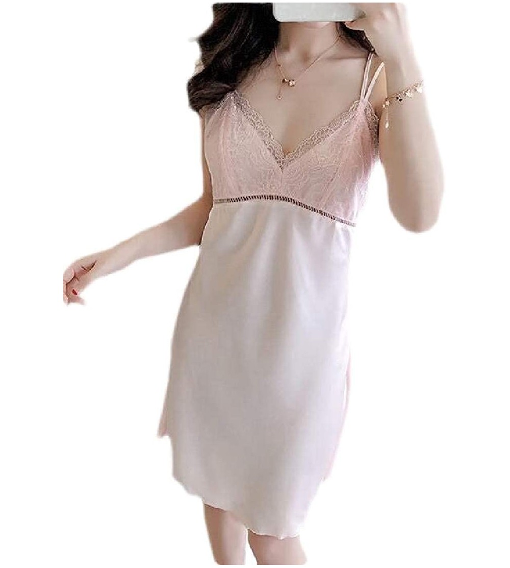 Nightgowns & Sleepshirts Womens Spaghetti Strap Sleepwear Summer Satin Lace Nightgown Nightwear - Pink - C019CT3TA9A $25.00