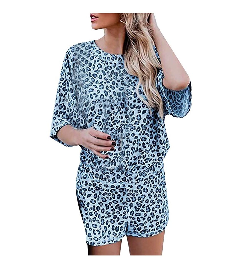 Sets Womens Leopard Printed Tee and Shorts Pajamas Set Short Sleeve Sleepwear Pjs Sets Loungewear - Blue - CZ199IH2IDI $22.87