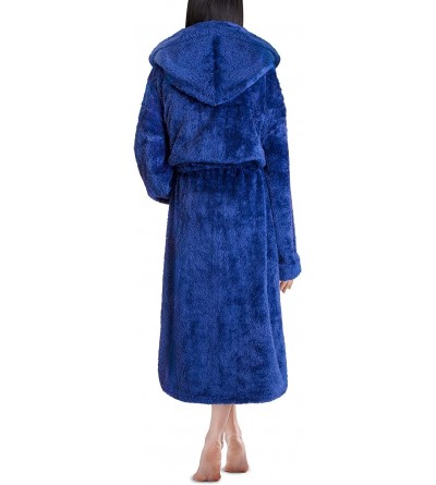 Robes Women Hooded Plush Soft Robe | Fluffy Warm Fleece Sherpa Shaggy Bathrobe - Blue - C719CWWIEOS $22.56