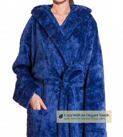 Robes Women Hooded Plush Soft Robe | Fluffy Warm Fleece Sherpa Shaggy Bathrobe - Blue - C719CWWIEOS $22.56