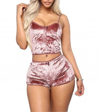 Sets Women's 2 Piece Outfit Sexy Velvet Crop Top Bodycon Shorts Set Pajama Sleepwear Nightwear Romper Jumpsuit - Pink - CQ19C...