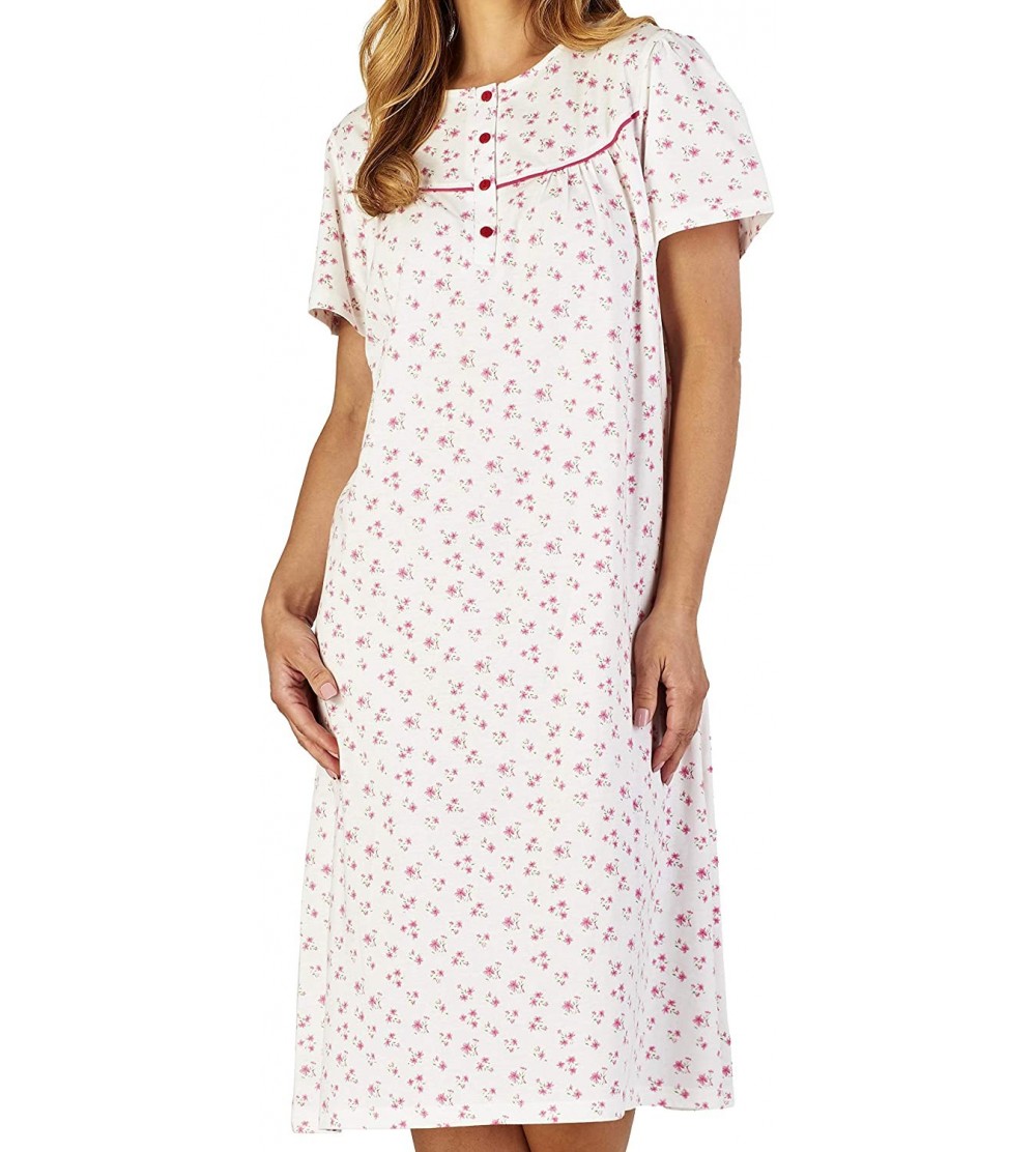 Nightgowns & Sleepshirts Ladies Luxury Long Flower Print 100% Soft Combed Cotton Nightdress - Pink-short Sleeve-round Neck-43...