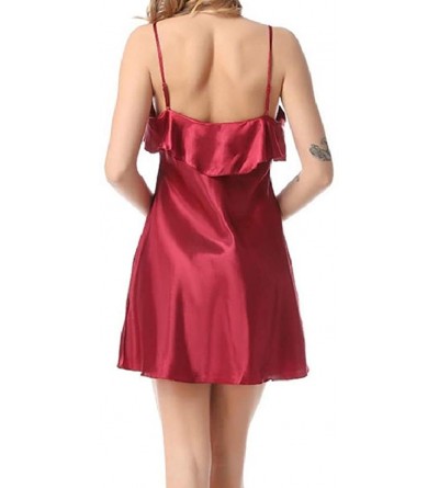 Nightgowns & Sleepshirts Ruffle Summer Charmeuse Sexy Silky Sling Solid Color Sleepwear - Wine Red - CD199SLU4E9 $27.24