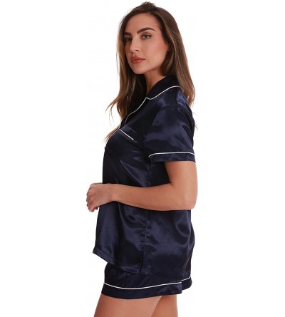 Sets Solid Satin Pajama Short Set for Women Sleepwear PJs - Navy / Ivory - CF189I2QQLA $20.65