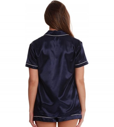 Sets Solid Satin Pajama Short Set for Women Sleepwear PJs - Navy / Ivory - CF189I2QQLA $20.65