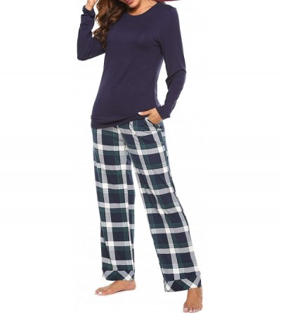 Sets Womens Pajama Set Plaid Long Sleeve Top & Pants Cotton Pjs Sets Sleepwear - Navy Blue - CE18YZLZXGC $19.17