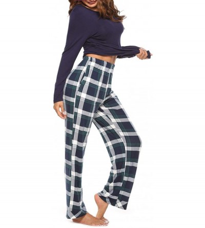 Sets Womens Pajama Set Plaid Long Sleeve Top & Pants Cotton Pjs Sets Sleepwear - Navy Blue - CE18YZLZXGC $19.17