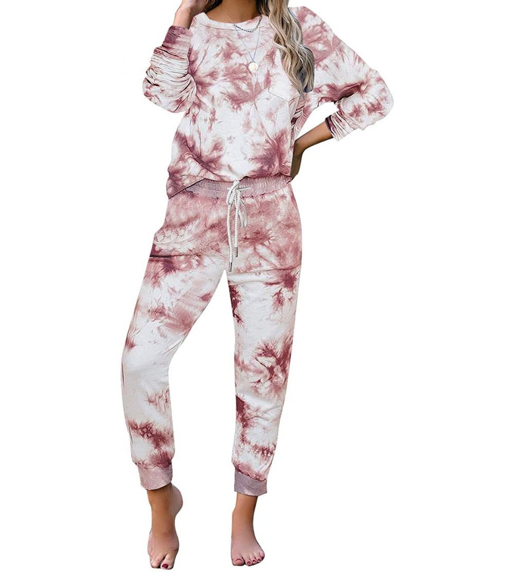 Sets Women Tie Dye Pajama Sets Long Sleeve Tops and Pants PJ Sets Joggers Loungewear Sleepwear - Port - CY19ELL0UOS $34.68