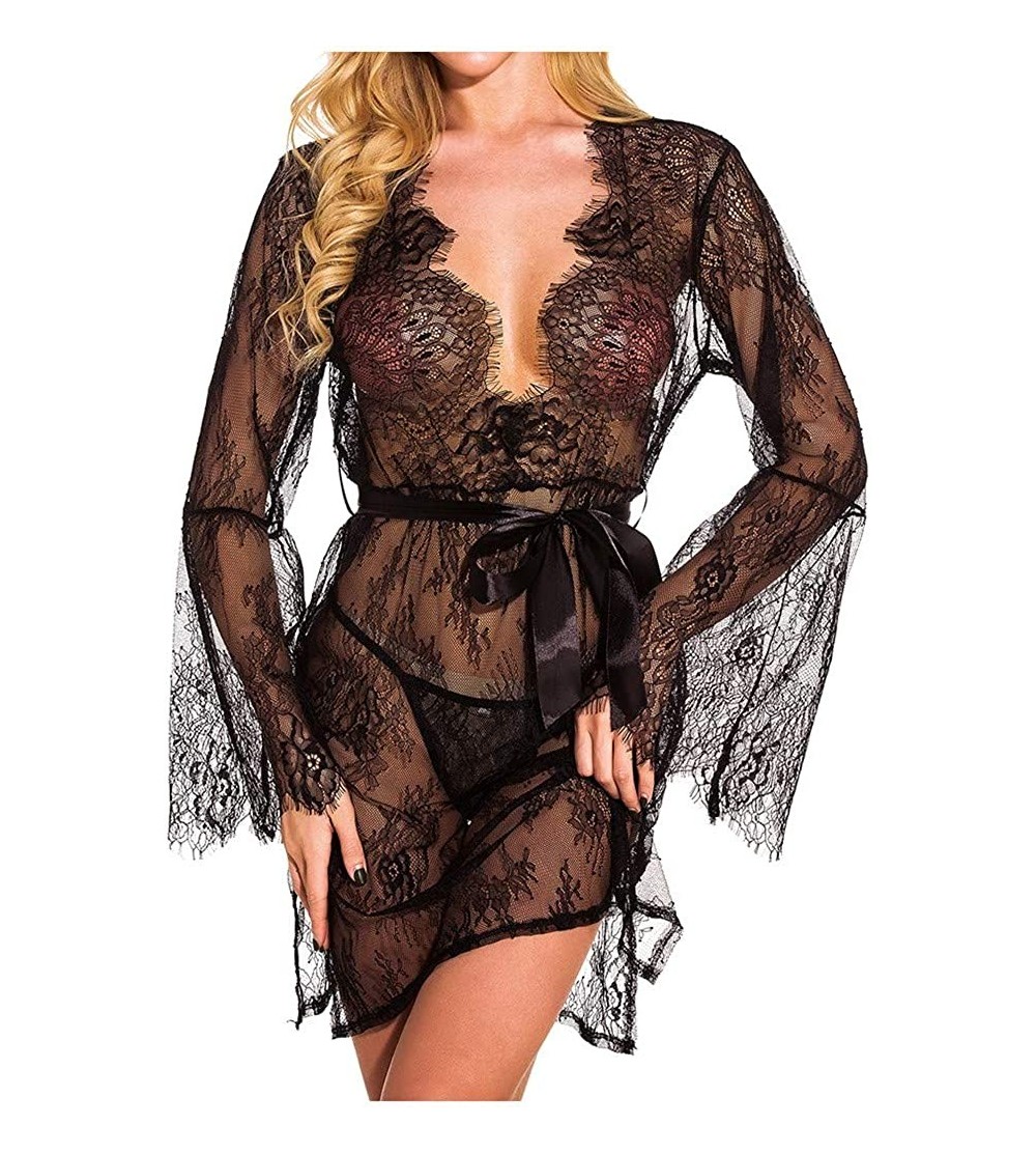 Baby Dolls & Chemises New Women Lace Deep V-Neck Sexy Lingerie Bathrobe Pajamas Long Sleeve Robe S-2XL - Black - CL197KSLQWE ...