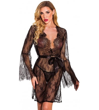 Baby Dolls & Chemises New Women Lace Deep V-Neck Sexy Lingerie Bathrobe Pajamas Long Sleeve Robe S-2XL - Black - CL197KSLQWE ...