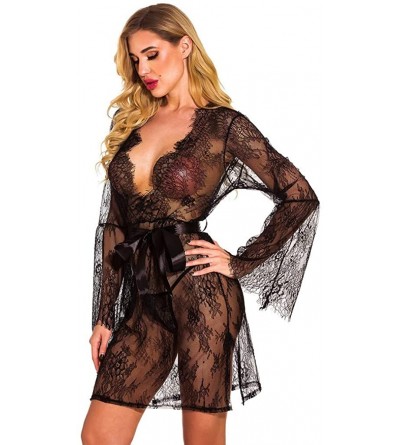 Baby Dolls & Chemises New Women Lace Deep V-Neck Sexy Lingerie Bathrobe Pajamas Long Sleeve Robe S-2XL - Black - CL197KSLQWE ...